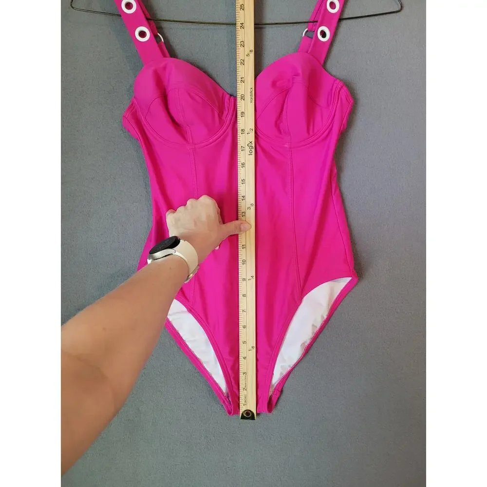 DKNY Plunge One Piece Swimsuit 8 NWT Pink Resort Vacation Slimming Summer Swim - Picture 9 of 16